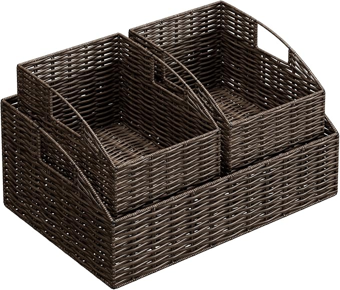 Pantry Baskets for Organizing, Wicker Basket Shelf Storage | Handwoven Pantry Organizers and Storage with Built-in Handles, Laundryroom Organization Storage Bins for Snack Cans