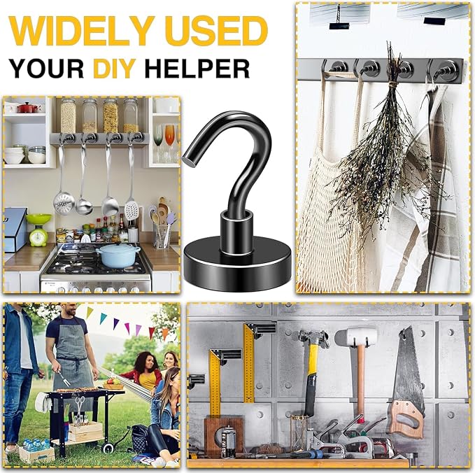 DIYMAG Magnetic Hooks 12pcs 85lbs Cruise Essentials 2026 Magnet Hook Black | Neodymium Heavy Duty Strong Magnets Hanging Ship Cabins Refrigerator Fridge Classroom Beach Vacation Kitchen Grills Home Tool