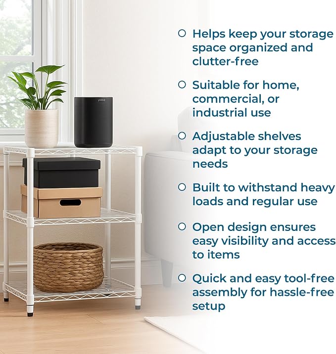 Honey-Can-Do 3-Tier White Wire Shelf, NSF, 250 lb/Shelf, 14x24x30 in | 750 lb total; NSF-certified steel; adjustable rust-resistant shelves for closet, kitchen & garage; no tools needed