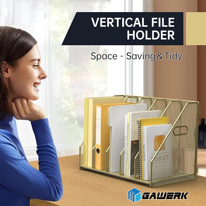 MINDEPOT Desk File Organizer Folder Holder with 5 Vertical for Office, Gold