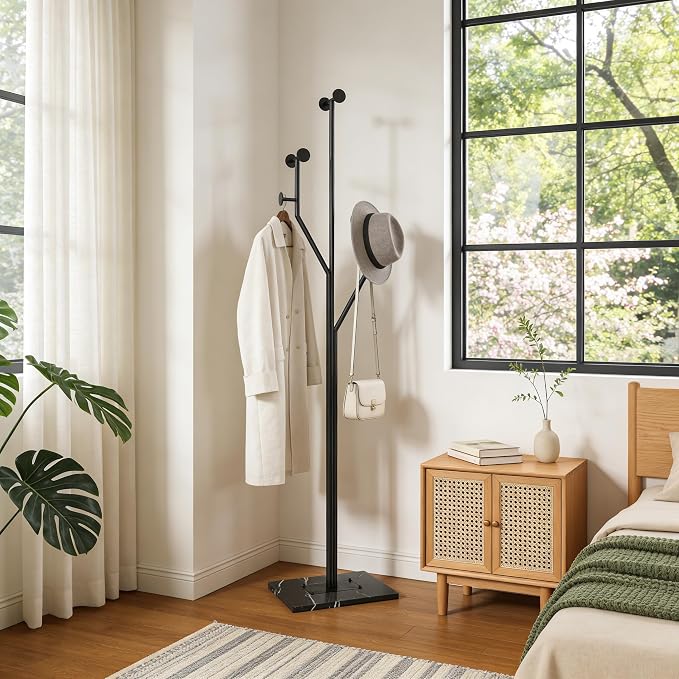 JIAYUEJU Freestanding Coat Rack Coat tree for Entryway Bedroom (Black) | Tree-shaped, Easy Assembly, Space Saver, Heavy Duty, Metal Frame, Marble Base, 8 Hooks, Living Room, Office, Corner