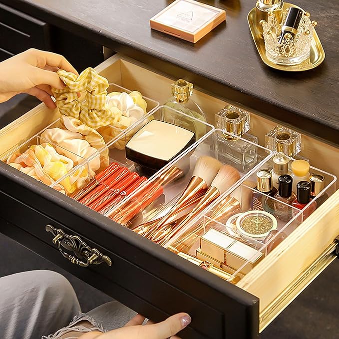 JessLab Acrylic Organizers, Bathroom Organizer for Drawer, Cosmetic Display Cases for Vanity, Countertop, Desk, Kitchen, and Makeup Storage, 3-Section
