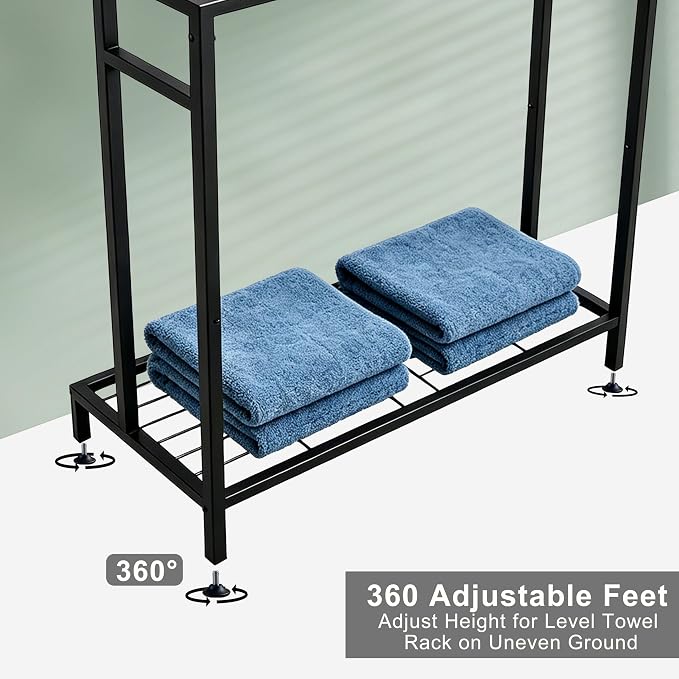 Standing Towel Rack with Shelf, 4-Tier Freestanding Towel Rack with Extra Storage Space, Stable Base Bath Blanket Holder for Bathroom, Laundry Room – Holds Towels, Blankets, Scarves, Matte Black