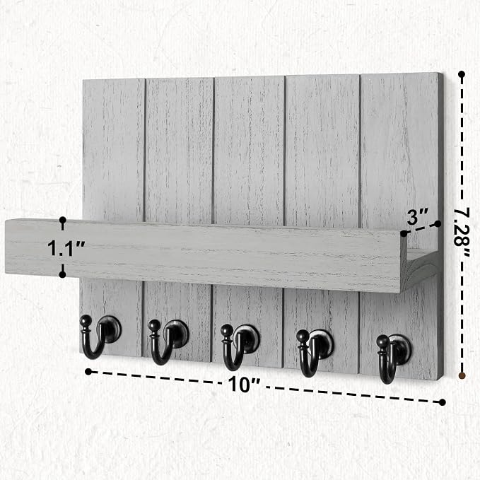 Rebee Vision Key Holder Wall Mount with Shelf, Hooks for Home Decor, Gray | 3.54"D x 10"W x 7.28"H, 5 Modern Hooks, Pine Wood Key Holder for Wall, Mail Organizer, Farmhouse Decor, Apartment Essential