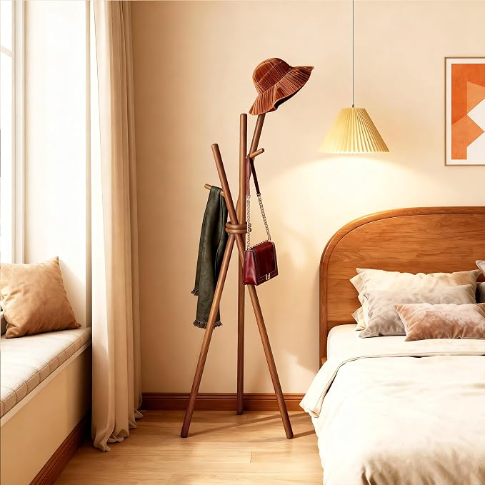 VICITON Wooden Coat Rack, Tripod Coat Tree Freestanding with 3 Hooks for Clothes, Hats and Handbags, Coat Hanger Stand for Bedroom, Living Room, Entryway (Dark)
