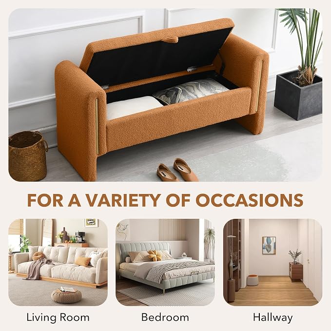 NIOIIKIT 52" Storage Ottoman Bench, Teddy Upholstered Storage Bench with Armrest, Entryway Bench with Pull-Ring, End of Bed Bench, Window Bench for Living Room (Coffee)