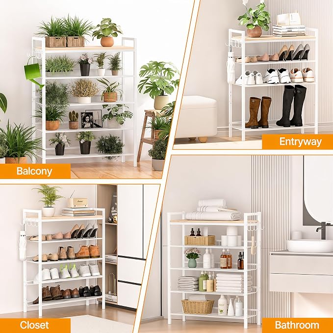 4 Tier Shoe Rack, Shoe Rack for Entryway with Hook, Shoe Organizer with Adjustable Mesh Shelves, Metal Shoe Storage, Closet, Bedroom Living Room Garage