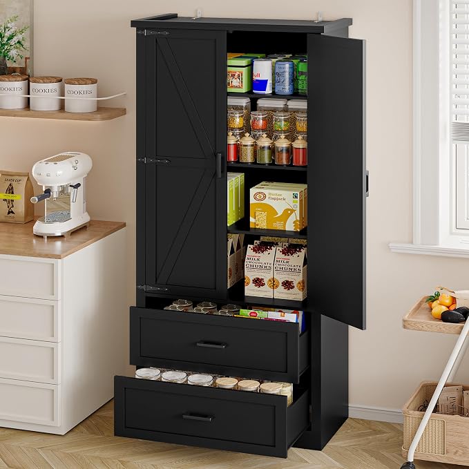 BORNOON Pantry Organizers and Storage Cabinet, 71” Barn Door White Kitchen Cabinet with Drawers and Adjustable Shelf, Tall Pantry for Kitchen, Dining Room, Living Room. Bathroom and Office