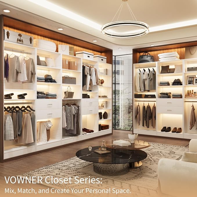 VOWNER 50'' Closet Organizer System with 10 Adjustable Shelves | Modular Closet Open Shelving 15" Deep Wooden Closet Systems Tower Storage Shelves Units Freestanding Wardrobe Shelves