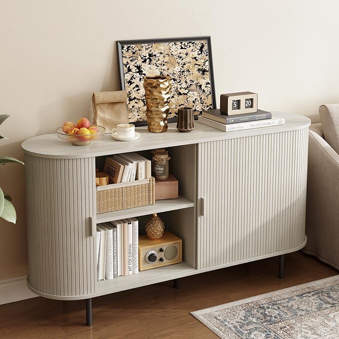 55" Sideboard Buffet Cabinet with Storage, Storage Cabinet with Sliding Door & Adjustable Shelf, Modern Accent Coffee Bar Console Table for Kitchen, Entryway, Natural White