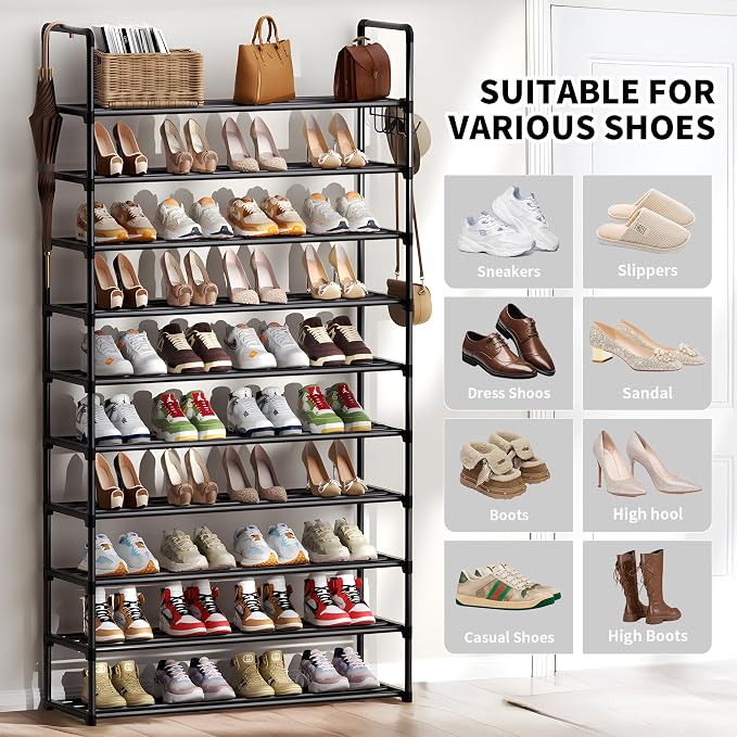 Shoe Rack, 10 Tier Shoe Storage Organizer with Hooks,Fit 40-45 Pairs Shoes,Metal Tall Shoe Shelf for Closet,Entryway, Hallway,Garage,Bedroom,Cloakroom