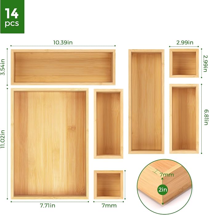 MapleGrace Bamboo Drawer Organizer Set, 14 PCS Wood Storage Organizers | Multi-Use Junk Drawer Divider, Storage Trays Containers for Kitchen, Bathroom, Office Desk, Makeup, Jewelry, Utensils