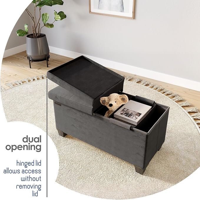 Storage Ottoman Bench with Bins, 30-in Storage Bench for Bedroom End of Bed, Folding Foot Rest Ottoman for Living Room Max 660lbs, Velvet Ottomans, Grey