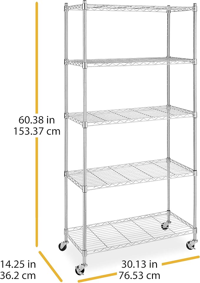 Whitmor 5 Tier Shelving Unit, Adjustable Storage Shelves with Wheels, 400 lbs Capacity per Shelf, Max 2000 lbs Total for Pantry, Kitchen, Garage, 30" L x 14" W x 60" H, Chrome