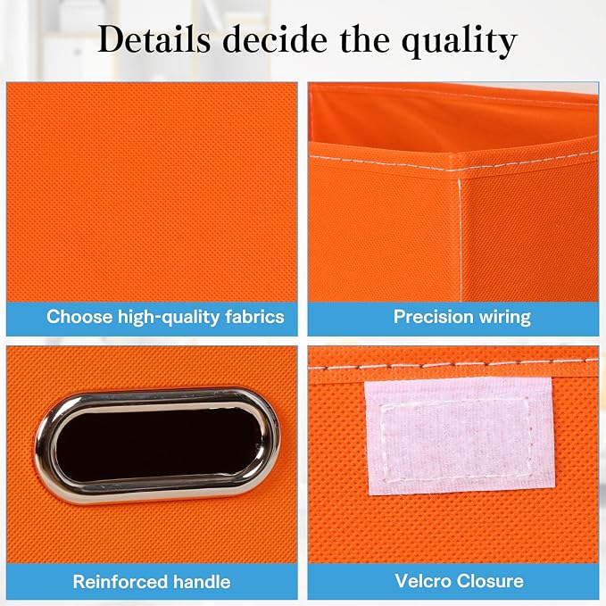 STOREONE Fabric Storage Cube Bins Foldable Organizer Container Collapsible Basket with Lids and Metal Handles, for Home, Bedroom, Closet 3 Pcs (Orange)