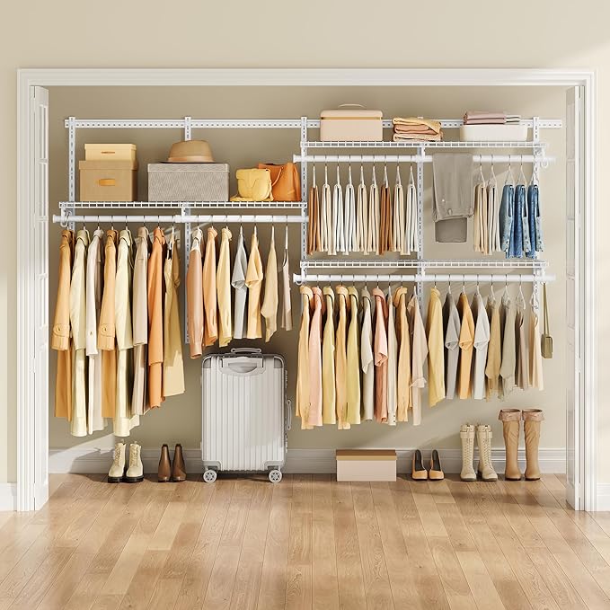 SONGMICS HOME Closet System, Closet Insert Organizer, 4-6 ft, Adjustable Metal Shelving Unit with 6 Hanging Rods, 6 Shelves, and Hooks, for Pantry Mudroom Garage Basement, Cloud White URGR032W01
