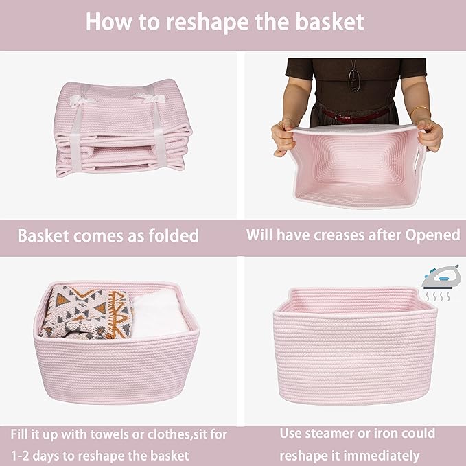 XUANGUO Woven Cotton Rope Storage Baskets 15x10x9.3" 3 Pack Light Pink | Decorative rectangular storage baskets for shelves and closets; storage bins organize clothes, toys, books and nursery items.