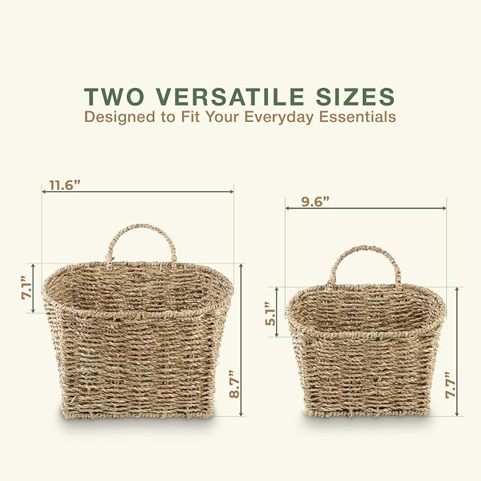 Set of 2 Seagrass Hanging Baskets for Organizing, Front Door, Mail, Flowers