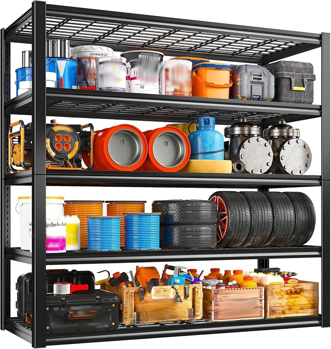 REIBII 48" W Garage Shelving Heavy Duty Load 2500LBS, 5 Tier Storage Shelves, Adjustable Metal Shelves for Warehouse, Pantry, Basement, 48" W X 72" H X18 D, 4PC