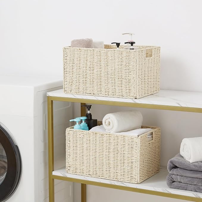 Vagusicc Wicker Storage Basket, Set of 2 Hand-Woven Paper Rope Wicker Basket, Small Storage Baskets for Organizing Toilet Paper Baskets, Foldable Large Cube Storage Organizer Bin for Shelves (Beige)