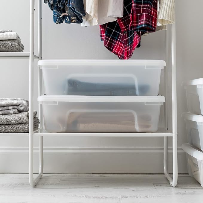 IRIS USA 6-Pack 27 Quart Storage Bins with Lids, Pearl | Conceals contents for a clean look. Great for linens, décor, closet storage, and supplies. Nestable design saves space