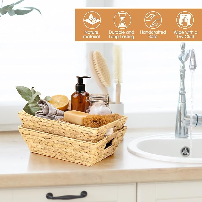 M4DECOR Set of 12 Water Hyacinth Wicker Storage Baskets for Shelves โ Woven Snack Baskets for Organizing Pantry, Closet โ Natural Storage Bins with Handles (12 Packs)