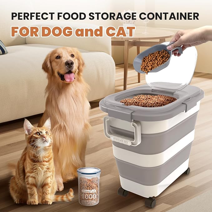 23-25Lbs Airtight Dog Food Storage Container,Collapsible Dog Food Container | Large Pet Food Storage Container with Lid,Wheels,Handle,Scoop,Small Cat Food Container for Dog Cat