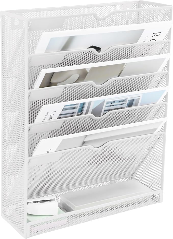 EASEPRES 6 Tier Mesh Hanging Wall File Organizer, Desk Vertical Mail Paper Document Folder Holder Rack with Bottom Tray and Nametag Label for Office Home School, White