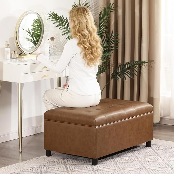 Joveco Rectangular Lift Top Storage Ottoman Bench, Faux Leather Storage Bench for Living Room Entryway Bedroom, Ochre Yellow