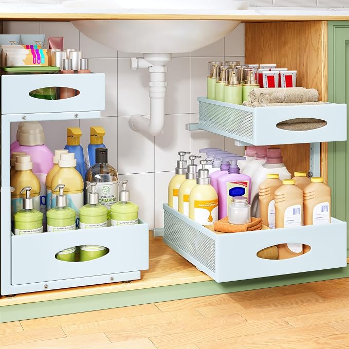 Under Sink Organizer, 1-Pack Pull Out Cabinet Organizer 2 Tier Metal Slide Out Storage Shelf Rack, L-Shaped Adjustable Height,Mesh Sliding Drawer for Kitchen, Bathroom, Laundry, Pantry, Blue, XL
