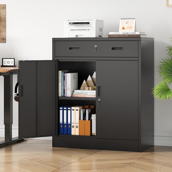 Metal Storage Cabinet, 36" Locking Cabinet with Adjustable Shelves for Garage, Office (Black, 1 Drawer)