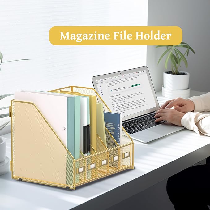SUPEASY Desk Organizers Metal Desk Magazine File Holder with 5 Vertical Compartments Rack File Organizer for Office Desktop, Classroom, Home Workspace, Gold