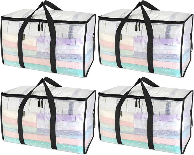 BALEINE 4-Pack Oversized Moving Bags with Reinforced Handles, Heavy-Duty Storage Tote for Clothes, Moving Supplies (Clear, 4-Pack)