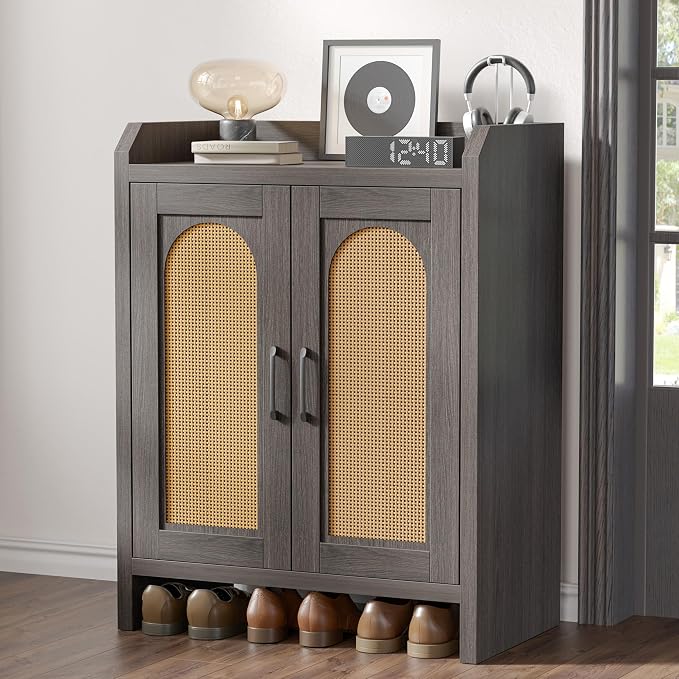 Shoe Cabinet Storage for Entryway, Natural Rattan Shoes Cupboard, Wooden Shoe Rack with Doors and Shelves, Farmhouse Boho Wood Shoe Organizer Cabinet for Hallway Black