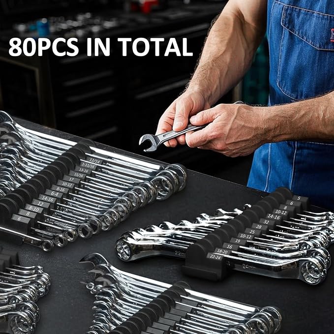 DEHOYI 80 pcs Modular Wrench Organizers for Tool Drawers - Wrench Rack with Metric & SAE Labels, Perfect Tool Storage Holder. Gift for father, brother and boyfriend (No Magnet, Black)