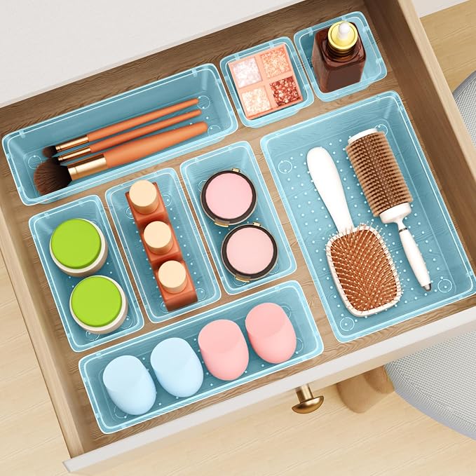 ElegantArray 12 PCS Drawer Organizer Set, Makeup Organizers, Sea Blue | 4 Sizes, Plastic, Stackable, Multiple Gadgets, Desk Drawer Divider Organizers, for Makeup, Office Supplies Storage