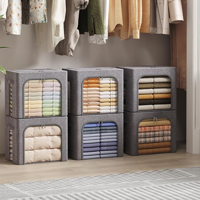 Lifewit Clothes Storage Bins with Metal Frame, Stackable Storage Box, Foldable Clothing Storage Bins with Lids, 40L Storage Bags Fabric Box Organizer with Clear Window& Zippers& Sturdy Handles 6 Pack
