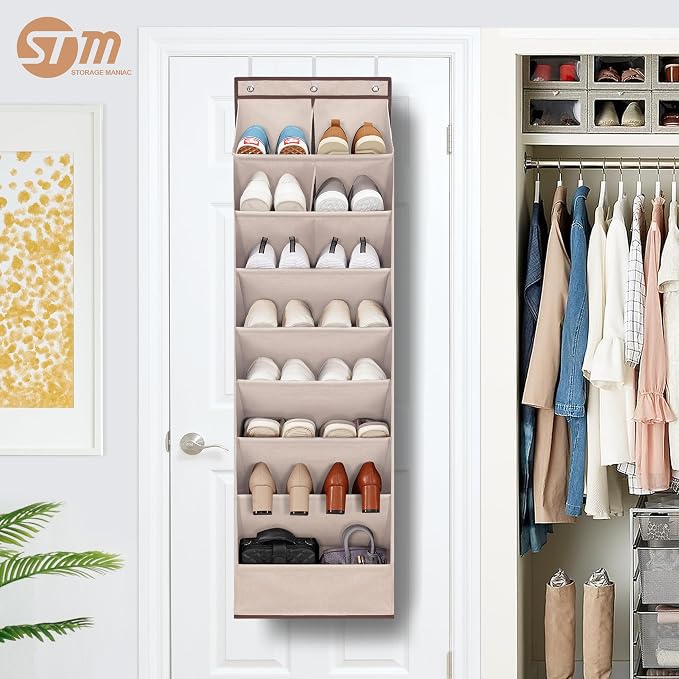 STORAGE MANIAC Over the Door Shoe Organizer Heavy-Duty Large Deep Pocket Hanging Shoe Organizer Shoe Rack Door Closet Shoe Organizer for Wall, Dorm & Narrow Door Storage Shoe Holder Oat Beige, 2 Pack