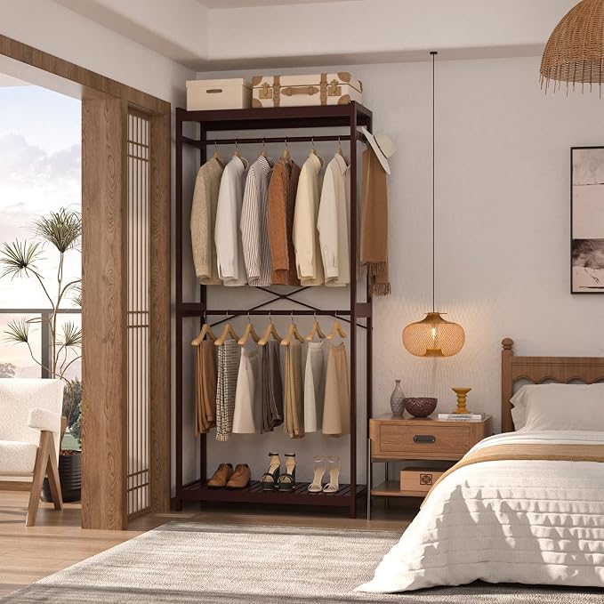 Bamboo Clothes Rack with Shelves and Double Hang Rods, Portable Closet System Garment Rack for Hanging Clothes, Tall Clothing Rack Corner Closet Organizer, Easy to Built, Espresso