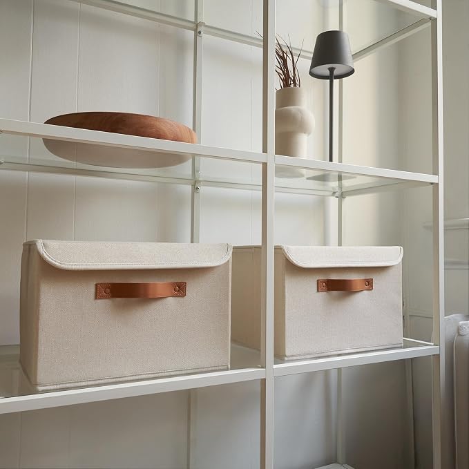 ZICOTO Decorative Linen Storage Boxes with Lids - Large Set of 2 Organizer Bins for Your Home Decor - The Perfect Container to Safely Store Photos, Documents and Memory Box Keepsakes in Style