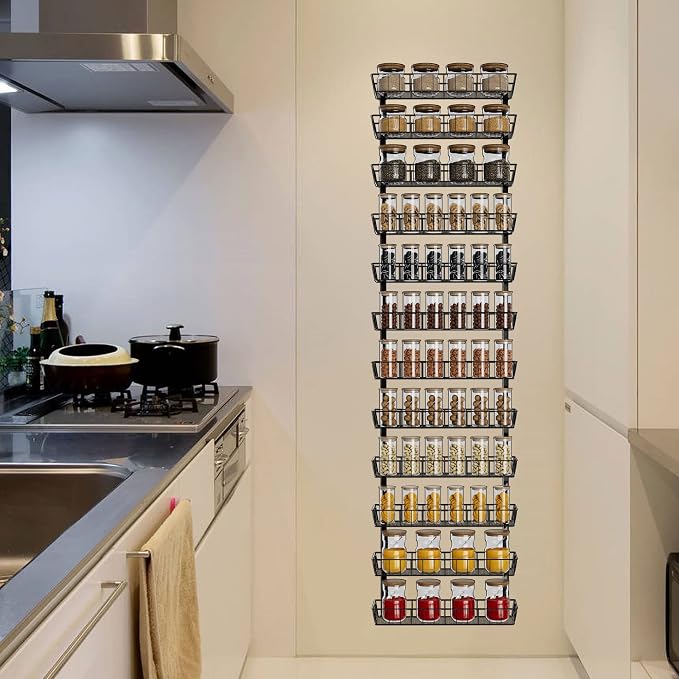SWOMMOLY Wall Mount Spice Rack Organizer, 12-Tier Adjustable Dual-Use Shelf | Hanging Spice Rack Organizer, Kitchen Pantry Cabinet Storage Holder for Spices, Mason Jars, Bottles & Cans, Black