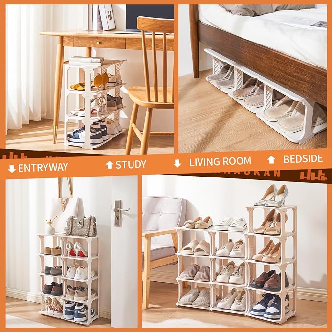 5 Tiers Vertical Shoe Rack, Narrow Free Standing Shoe Storage Organizer for Entryway and Small Closet, Stackable Shoe Holder Shelf Stability DIY, Beige