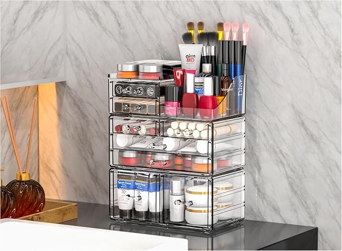 Cq acrylic 3 Pack Clear Makeup Organizer Countertop,Stackable 8 Drawers Skin Care Organizer,Cute Make Up Organizers for Vanity Jewelry,Hair Accessory,Beauty,Skin Care,Skincare Product Desk Storage