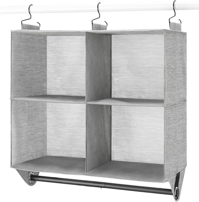 Whitmor Hanging Closet Organizer - 4 Section Closet Organizer with Garment Rod - Space-Dyed Grey