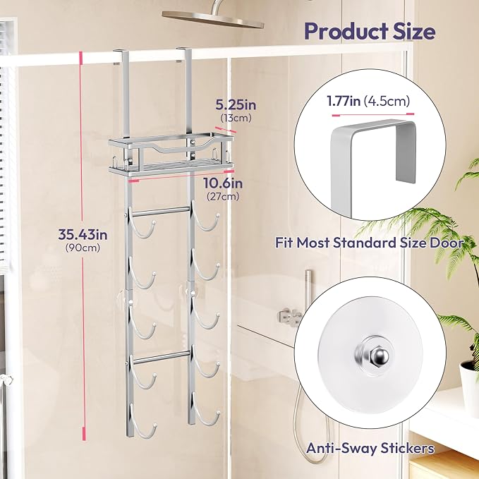 SWTYMIKI Over the Door Towel Rack - 6 Tier Towel Racks for Bathroom Wall Mounted, Towel Holder with Shelf, Hanging Rolled Towel Storage Organizer for Small Bathroom, Camper, RV, Sliver