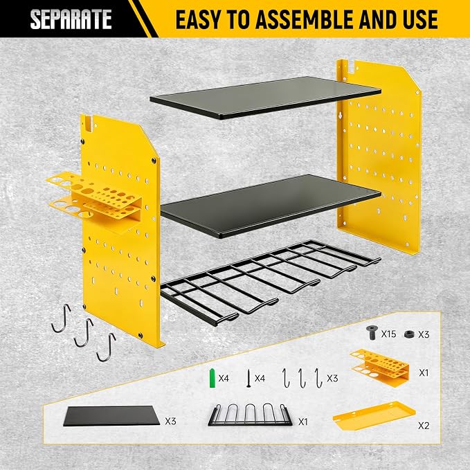 Power Tool Organizer Wall Mount, Garage Drill Storage Shelf with Hooks, Heavy Duty Metal Premium Garage Tool Shelf,Cordless Tool Storage Rack for Garage, Tool Room,Yellow