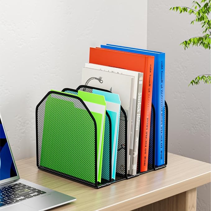 Desk File Organizer, Adjustable 5 Sections Upright Desktop File Sorter | Sturdy, Metal, Mesh, Vertical, Bookshelf, File Holder, Workspace Accessories, for Home,School,Office Classroom,Black
