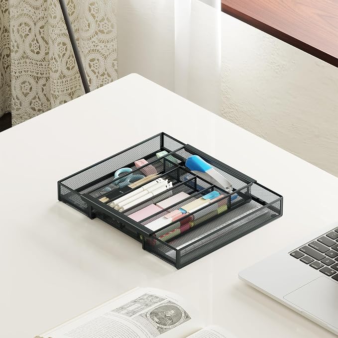 Sedegn Silverware Organizer Metal Mesh, Drawer Organizer, Utensil Cutlery Tray for kitchen drawers,Expandable Flatware Organizer with 7 Compartment Black 9.6"~16.1" x 13.8"