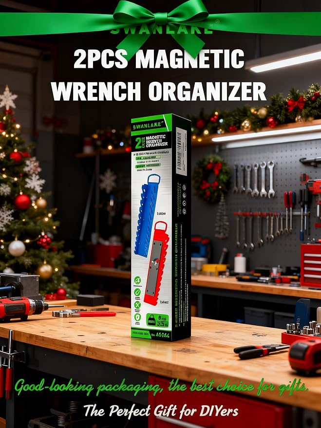 SWANLAKE 2-Piece Magnetic Wrench Organizer Toolbox Holder, SAE (1/4'' to 15/16''), Metric (6mm to 24mm) Ratchet Wrench Organizers, Total Hold 24 Slots Wrenches Holder for Tool Box