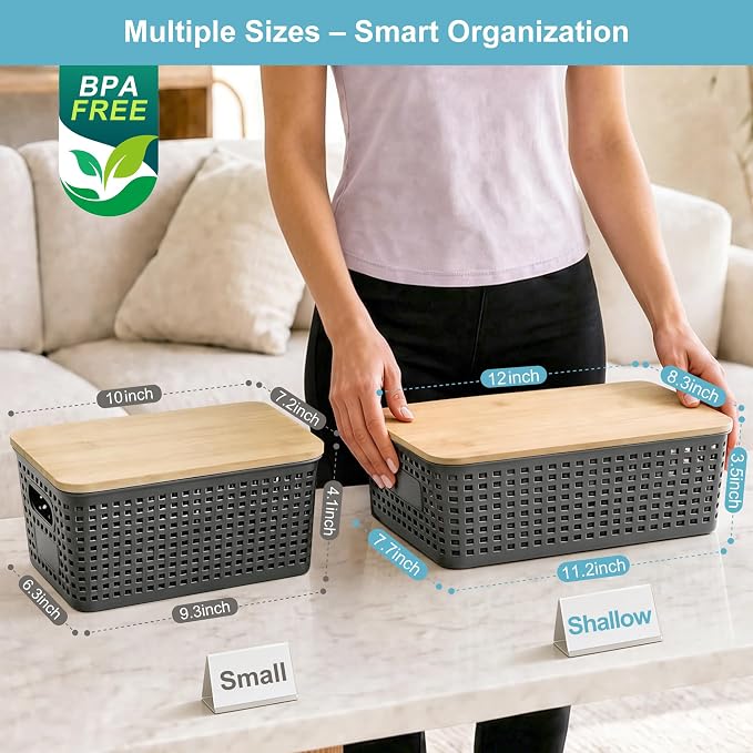 Bagnizer 4 Pack Plastic Storage Bins with Bamboo Lids, 6.2qt Stackable Storage Organizer Box with Lable for Pantry Shelves Drawers Desktop Office, 12"L x 8.3"W x 3.5"H, Gray